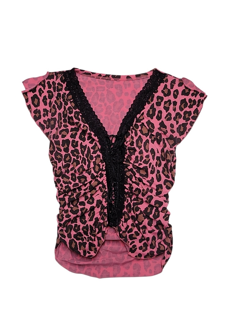 Y2K Retro Pink Lace Leopard Print- Short Sleeve Crop Top Women's Size Small - Picture 2 of 8
